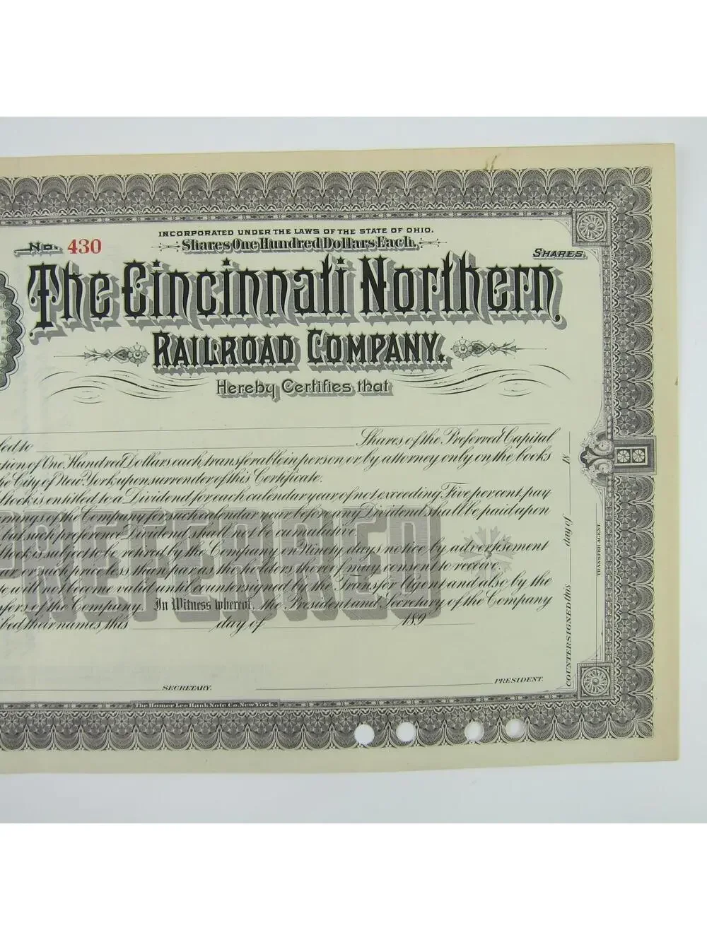 Antique 1890s Cincinnati Northern Railroad Co Stock Certificate Railroad Stocks
